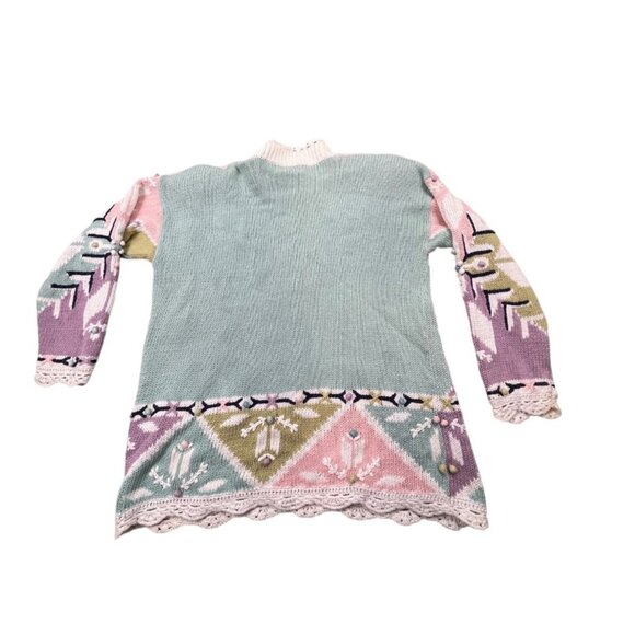 Vintage Fashion Options Sweater Women Large Pastel Geometric Knit Lace Trim Cott - Picture 2 of 13